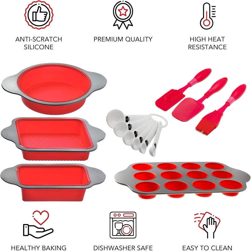 Boxiki Kitchen 13-Piece Non-Stick Silicone Bakeware Set with Cake Pan, Brownie Pan, Loaf Pan, Muffin Mold, Spatulas, Brush, and Measuring Spoons - Oven, Freezer and Dishwasher Safe - Image 4